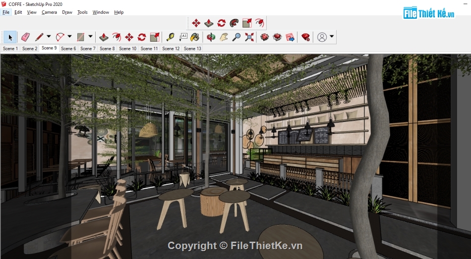 sketchup nội thất,File sketchup nội thất,Su nội thất quán coffe,File Skechup nội thất